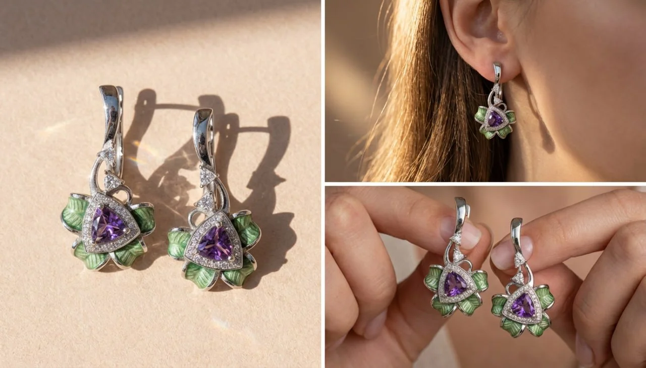 Серьги "Мерседес" с аметистом и бриллиантами